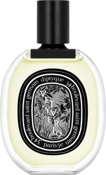 Diptyque Vetyverio woda perfumowana, owalna butelka, czarny korek i etykieta z roślinnym wzorem, widok z przodu.