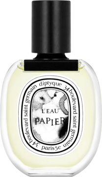 L'Eau Papier Diptyque EDT, owalna butelka z bladożółtym płynem, czarna nakrętka, artystyczna biała etykieta.