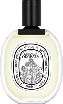 Diptyque Geranium Odorata, owalna butelka perfum z żółtym płynem, czarny korek, kwiatowa etykieta z napisami.