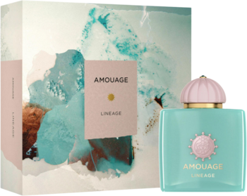 Amouage Lineage woda perfumowana: turkusowa butelka z różowym korkiem i pudełko z artystycznym wzorem.