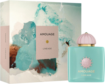 Amouage Lineage woda perfumowana: turkusowa butelka z różowym korkiem i pudełko z artystycznym wzorem.