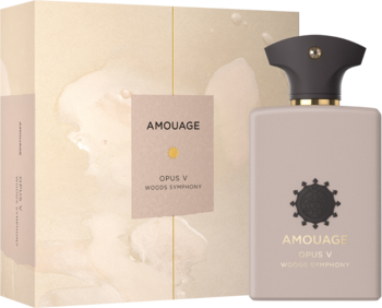 Amouage Opus V fragrance in a rectangular light beige bottle with gold accents next to its matching box.