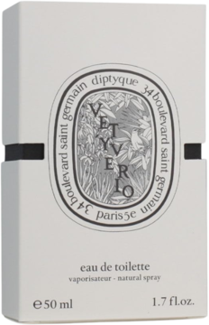 Białe pudełko Diptyque Vetyverio Eau de Toilette 50 ml, widok z przodu z czarno-białą etykietą.