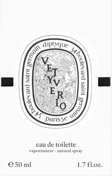 Diptyque Vetyverio, białe pudełko wody toaletowej 50 ml z centralną owalną etykietą i roślinnym motywem.