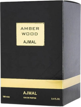 Czarne, prostokątne opakowanie perfum Amber Wood Ajmal, ze złotym panelem i napisem, widok z przodu i boku.