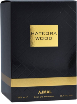 Eleganckie czarne pudełko Hatkora Wood Ajmal woda perfumowana 100ml ze złotymi detalami, widok z przodu.