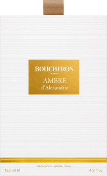 Boucheron Ambre d'Alexandrie woda perfumowana, białe pudełko z dużą złotą etykietą, z przodu.