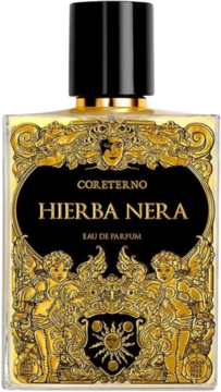 Coreterno Hierba Nera Eau de Parfum w kwadratowej butelce, czarna etykieta, złote zdobienia, widok z przodu.