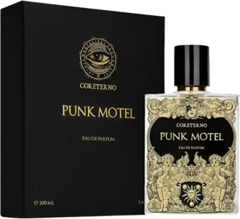 Perfumy Punk Motel Coreterno: przezroczysta butelka ze złotymi zdobieniami i czarne pudełko, przód.