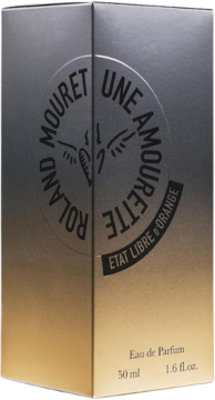 Metallic perfume box Roland Mouret Une Amourette Eau de Parfum, silver-gold gradient, 50ml, frontal view.