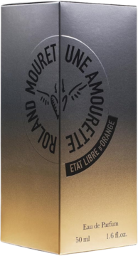 Metallic perfume box Roland Mouret Une Amourette Eau de Parfum, silver-gold gradient, 50ml, frontal view.