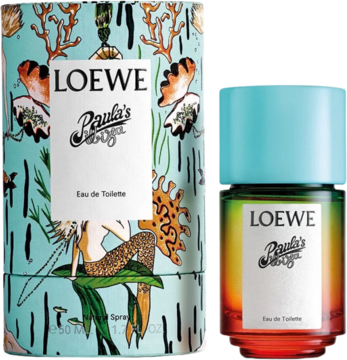 LOEWE Paula's Ibiza EDT, kwiatowo-wodny zapach unisex: kolorowy flakon i turkusowe pudełko z morskim wzorem.