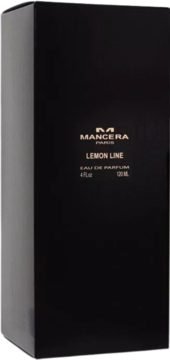 Czarne pudełko perfum Mancera Lemon Line EDP, ze złotymi napisami, widok z przodu, lekko pod kątem.