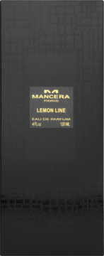 Frontalny widok czarnego opakowania Mancera Lemon Line Eau de Parfum z etykietą ze złotym napisem.