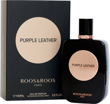 Roos & Roos Purple Leather perfumy: czarna butelka z beżowym kołem obok eleganckiego czarnego opakowania.