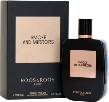 Czarne, eleganckie perfumy Roos & Roos Smoke and Mirrors w butelce i pudełku z miedzianymi detalami, widok z przodu.