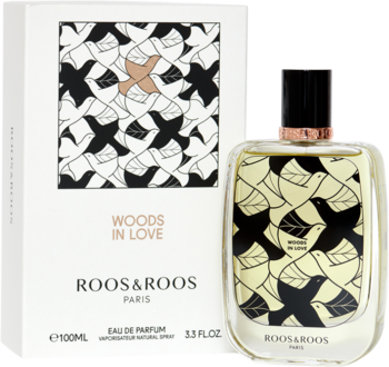 Roos & Roos Woods In Love EDP, butelka i białe pudełko z unikalnym wzorem czarno-białych ptaków.