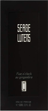 Czarne opakowanie Serge Lutens Five O'clock Au Gingembre Eau de Parfum, białe litery, widok z przodu.