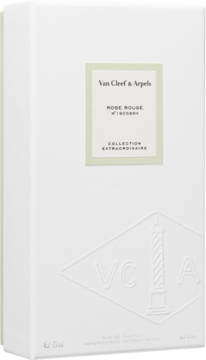 Białe pudełko perfum Van Cleef & Arpels Rose Rouge Eau de Parfum 75ml z zieloną etykietą, widok z przodu pod kątem.