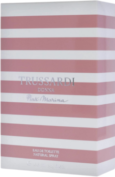 Trussardi Donna Pink Marina woda toaletowa, pionowe pudełko w biało-różowe pasy, srebrny napis, z przodu.