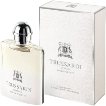 Trussardi Donna woda toaletowa orientalno-kwiatowa w szklanej butelce z srebrnym korkiem i białym pudełku.