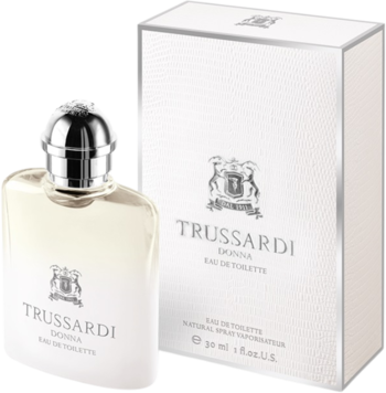 Trussardi Donna Eau de Toilette: przezroczysta butelka i białe pudełko z logo, widok z przodu, stojące pod kątem.