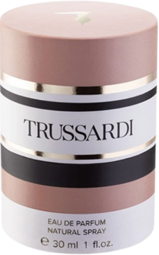 Trussardi Eau de Parfum 30ml, walcowaty flakon w odcieniach beżu, bieli i czerni, ze złotymi paskami, widok z przodu.