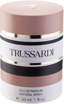 Trussardi Eau de Parfum 30ml, walcowaty flakon w odcieniach beżu, bieli i czerni, ze złotymi paskami, widok z przodu.