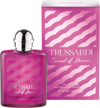 Trussardi Sound of Donna EDP w różowej butelce i pasującym pudełku z falistym wzorem, widok pod kątem.