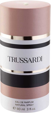 Pionowy flakon Trussardi Feminine 90ml, woda perfumowana, z eleganckimi różowo-biało-czarnymi pasami i złotymi detalami.
