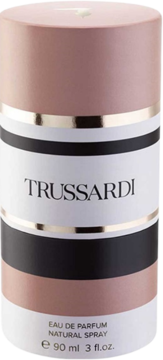 Pionowy flakon Trussardi Feminine 90ml, woda perfumowana, z eleganckimi różowo-biało-czarnymi pasami i złotymi detalami.