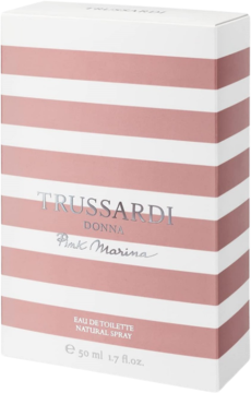 Biało-różowe pudełko wody toaletowej Trussardi Donna Pink Marina, widok z przodu pod kątem.