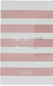 Frontalny widok biało-różowego pudełka w paski Trussardi Donna Pink Marina woda toaletowa, srebrne napisy.