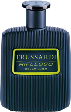 Granatowa woda toaletowa Trussardi Riflesso Blue Vibe w ryflowanej butelce z żółtą etykietą, widok z przodu.