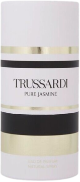 Woda perfumowana Trussardi Pure Jasmine. Biała cylindryczna butelka ze złotymi i czarnymi paskami, widok frontalny.
