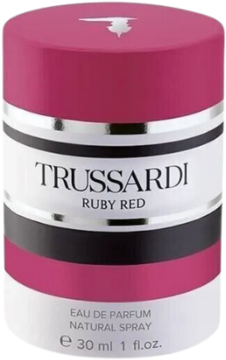 Cylindryczna butelka perfum Trussardi Ruby Red, biało-różowa, z czarnym pasem i srebrnymi akcentami, widok z przodu.