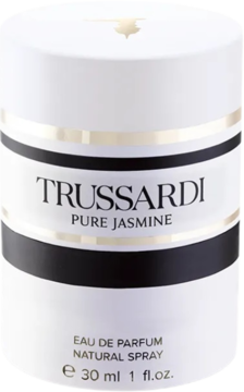 Biała cylindryczna butelka perfum Trussardi Pure Jasmine 30ml, widok z przodu, złote i czarne paski.