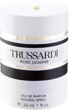 Biała cylindryczna butelka perfum Trussardi Pure Jasmine 30ml, widok z przodu, złote i czarne paski.