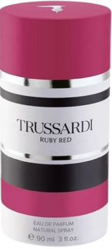Opakowanie perfum Trussardi Ruby Red 90ml, pionowe, w kolorach rubinowej czerwieni, bieli i czerni, widok z przodu.