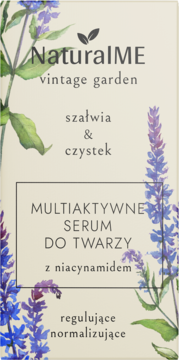 NaturalME serum do twarzy z niacynamidem, beżowe opakowanie z kwiatami szałwii, widok z przodu.