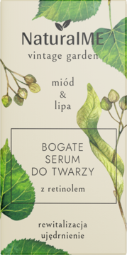 NaturalME Vintage Garden, bogate serum do twarzy z retinolem i lipą, beżowe opakowanie z zielonymi ilustracjami.