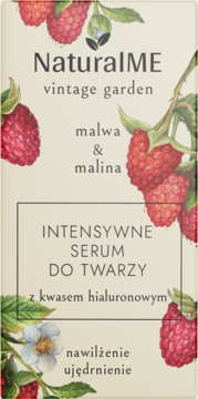 NaturalME Vintage Garden intensywne serum z kwasem hialuronowym, beżowe opakowanie z ilustracją malin.