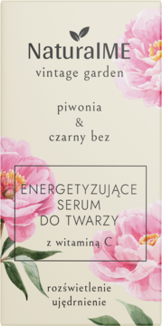 NaturalME Vintage Garden Energetyzujące Serum do Twarzy z Witaminą C, beżowe pudełko z piwoniami.