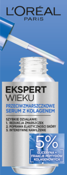 L'Oréal Paris Ekspert Wieku serum przeciwzmarszczkowe z kolagenem, niebieska butelka z wyciągniętym aplikatorem.