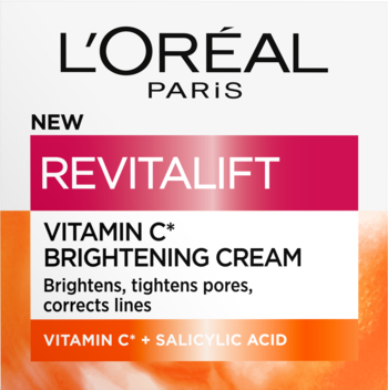 L'Oréal Revitalift Vitamin C Brightening Cream, biało-różowe opakowanie, widok z przodu, z witaminą C.