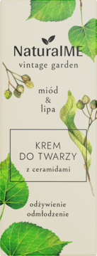 NaturalME Vintage Garden krem do twarzy z ceramidami, miodem i lipą, opakowanie z botanicznym wzorem.