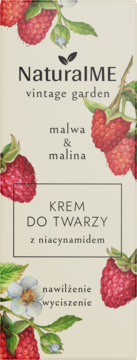 NaturalME Vintage Garden krem do twarzy z niacynamidem, malwą i maliną. Beżowe pudełko, widok z przodu.