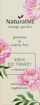 NaturalME krem do twarzy z witaminą C i piwonią, beżowe opakowanie z różowymi kwiatami, widok z przodu.