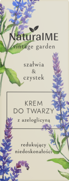 Krem do twarzy NaturalME Vintage Garden z azeloglicyną, redukujący niedoskonałości, w opakowaniu z fioletowymi kwiatami.