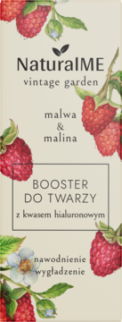 NaturalME booster do twarzy z kwasem hialuronowym, beżowe opakowanie z malinami i malwą.